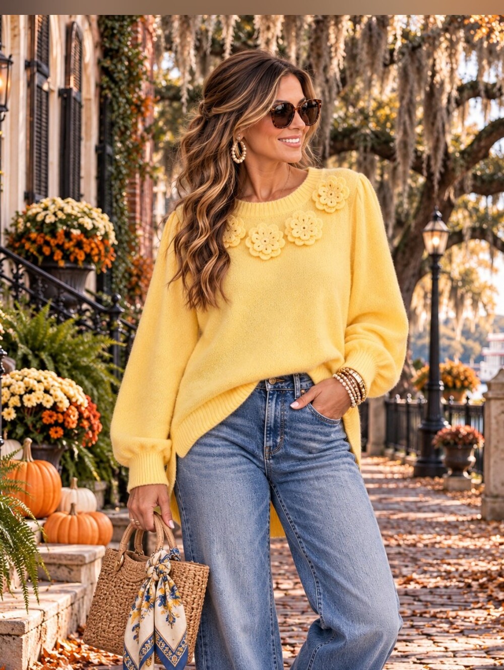 Crown & Ivy NWT XL Luna Yellow Floral Appliqué Crewneck Sweater